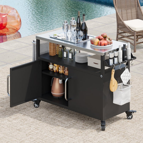 English Elm K&K 54.5" Outdoor Kitchen Island with 1.6" Stainless Top, Locking Wheels, Spice Rack & Bottle Opener N707P270779B