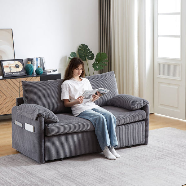 English Elm MH'' MH' 64.5 Inch Sleeper Sofa Bed with Corduroy Upholstery, Sturdy Wood & Iron Frame, 3-in-1 Convertible Comfort Grey W1193S00126