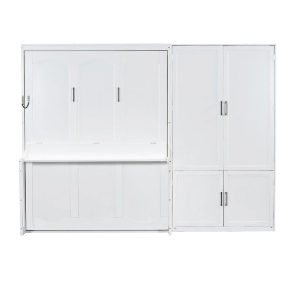 English Elm Queen Murphy Bed with Wardrobe Cabinet Hydraulic Lift Mdf Space Saving Wall Unit White LP000581AAK-1