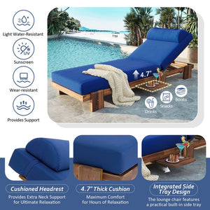 English Elm U_style Acacia Wood Outdoor Chaise Lounge with Retractable Tray and Padded Headrest Navy Blue WY000473AAC