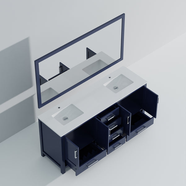 English Elm Navy 72" Double Bath Vanity with White Quartz Top, Soft-Close Drawers, Mirror Included, Storage B2731S00710