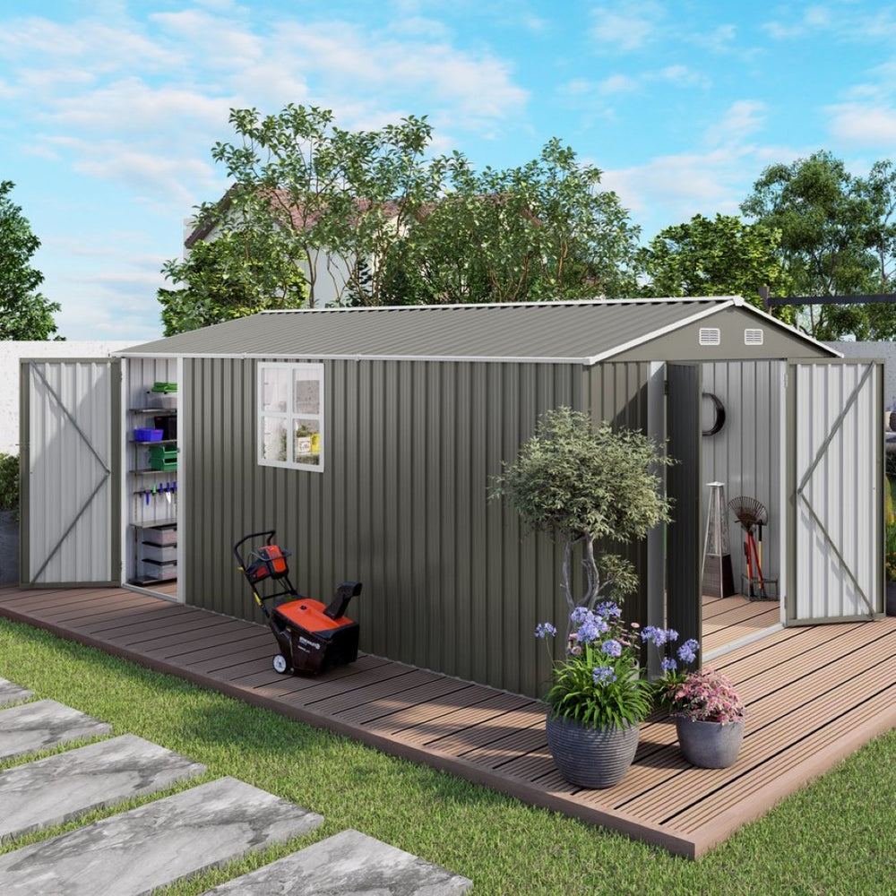 English Elm 10x14 Ft Galvanized Steel Outdoor Storage Shed with Lockable Doors and Vented Window W3213S00004