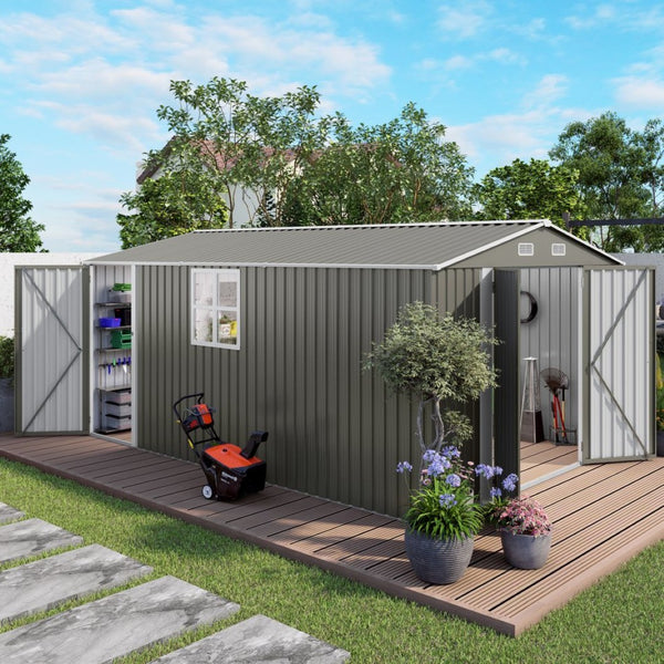 English Elm 10x14 Ft Galvanized Steel Outdoor Storage Shed with Lockable Doors and Vented Window W3213S00004