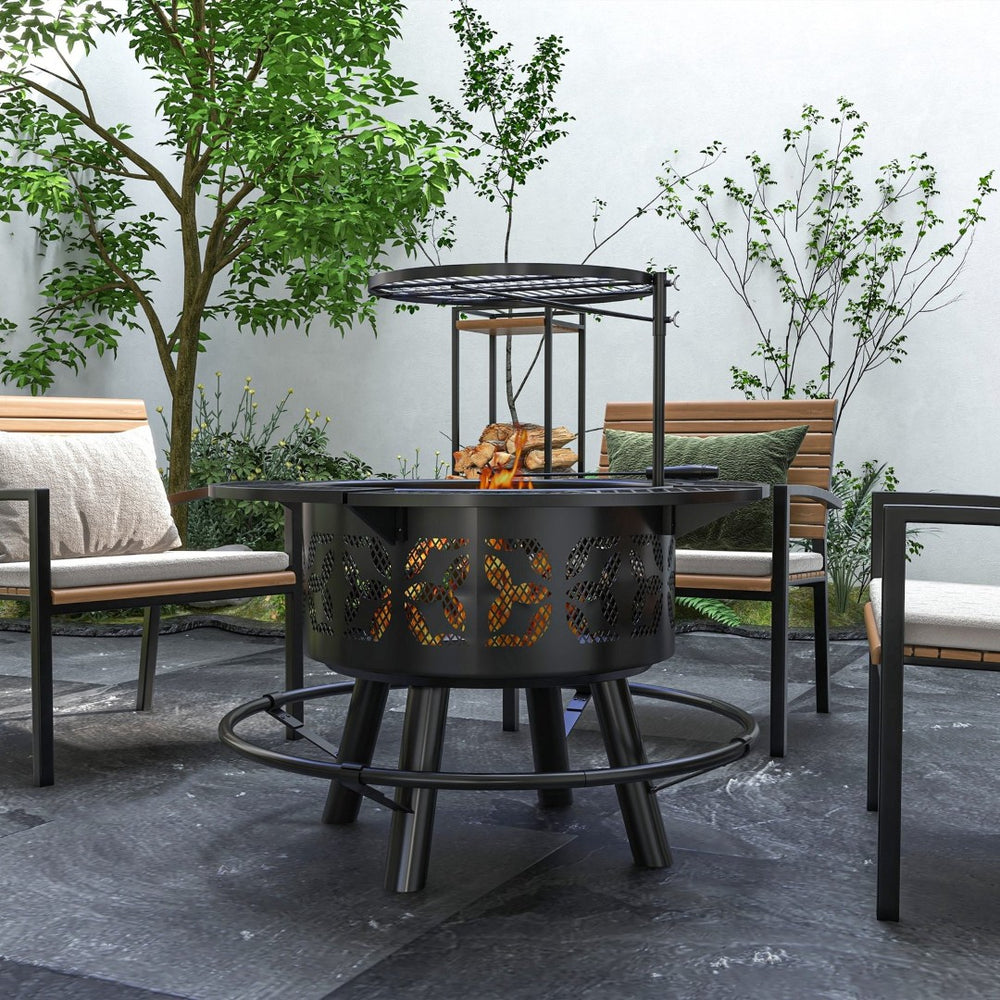 English Elm Outsunny Wood Burning Fire Pit Bbq Grill Powder Coated Steel Outdoor Patio Bonfire W2225P174298