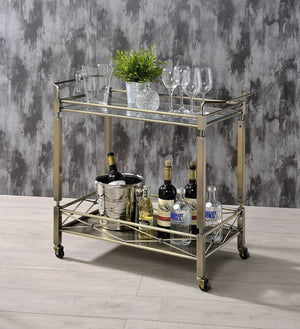 English Elm Matiesen Antique Gold Metal Bar Cart with Tempered Glass Top and Rolling Casters B2726P457128