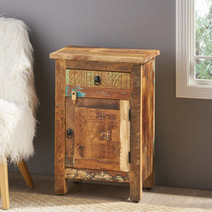 English Elm Christopher Knight Home® - CARVED Recycled Wood Side Table in Natural Finish with Distressed Paint, Drawer & Cabinet Storage 66416.00