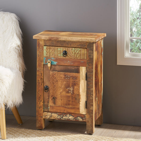 English Elm Christopher Knight Home® - CARVED Recycled Wood Side Table in Natural Finish with Distressed Paint, Drawer & Cabinet Storage 66416.00