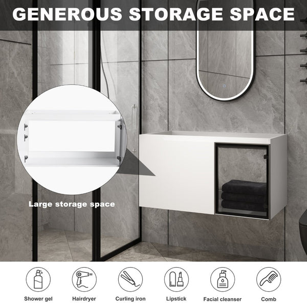 English Elm 36" Floating Bathroom Vanity Glossy White Frosted Glass Soft Close Plywood Cabinet W999P387170