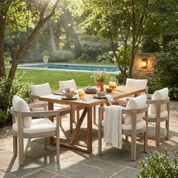 English Elm 7 Piece Solid Acacia Hardwood Outdoor Dining Set with Cream Cushioned Chairs Patio Light White,Teak N762P371718D_N762P380633K6
