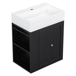 English Elm 20-Inch Compact Bathroom Vanity with Ceramic Sink, Wall-Mounted MDF Cabinet, Modern Space-Saver Design Black N725P314023B