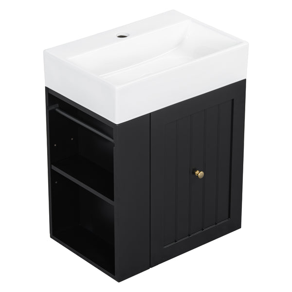 English Elm 20-Inch Compact Bathroom Vanity with Ceramic Sink, Wall-Mounted MDF Cabinet, Modern Space-Saver Design Black N725P314023B