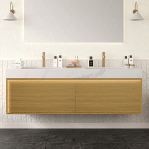 English Elm NYAH 60" Bathroom Vanity with Carrara White Sintered Stone Top, Dual Undermount Basins, LED Sensor Light, Soft-Close Drawers, Pre-Assembled Woodgrain Cabinet W2615S00368
