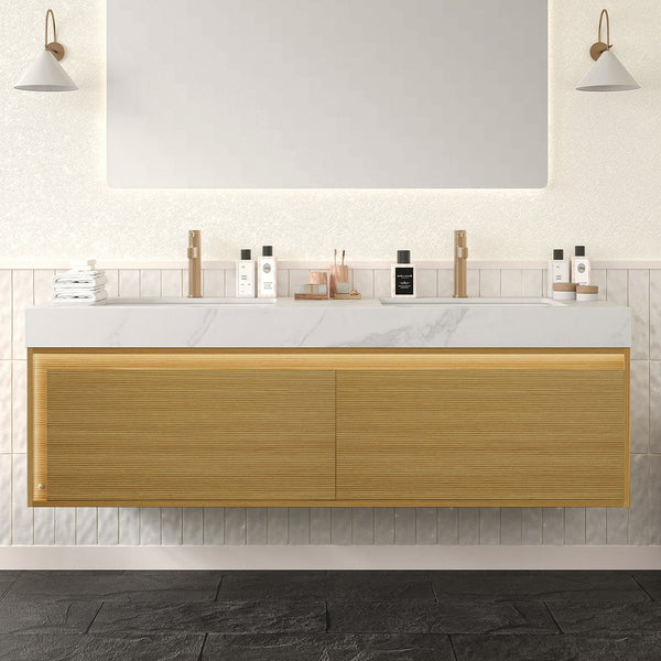 English Elm NYAH 60" Bathroom Vanity with Carrara White Sintered Stone Top, Dual Undermount Basins, LED Sensor Light, Soft-Close Drawers, Pre-Assembled Woodgrain Cabinet W2615S00368