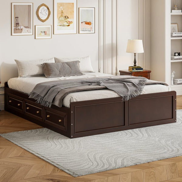 English Elm Wood Queen Platform Bed Solid Pine Frame Six Storage Drawers No Box Spring Needed Espresso N709P241723P-1