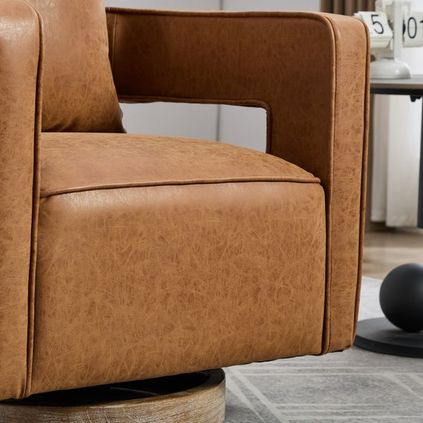 English Elm 28.9"w Swivel Barrel Accent Chair Faux Leather Open Back with Rubberwood Base Brown W3188P417874