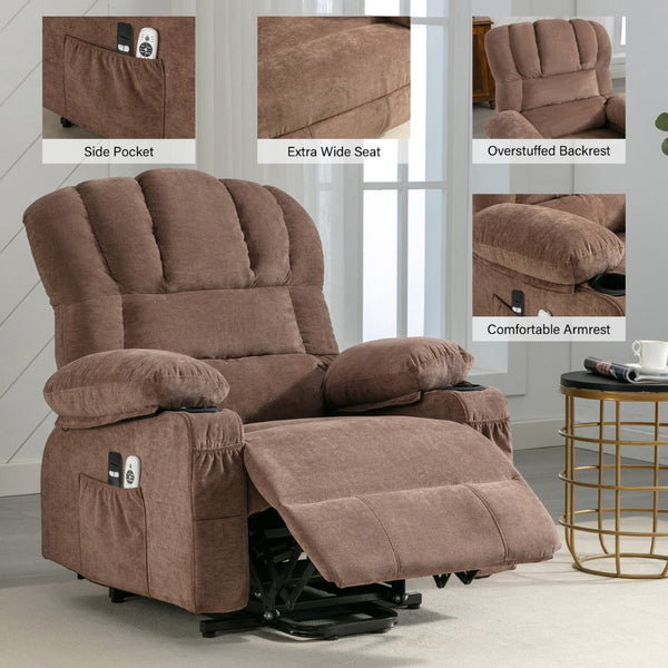 English Elm Power Lift Lounge Chair With Heating & Vibration Massage For Elderly, Usb Charging, Brown Upholstery W1521P302628-GIGA