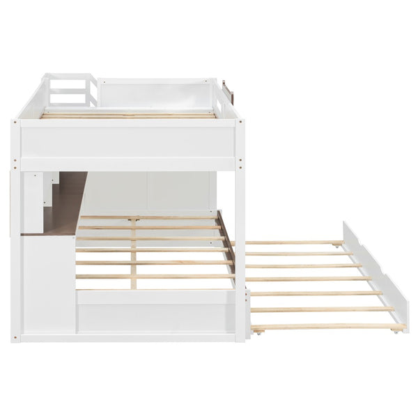 English Elm House-shaped Pine Bunk Bed with Built-in Slide Storage Staircase Twin Over Full Kids Frame White N820S00067K