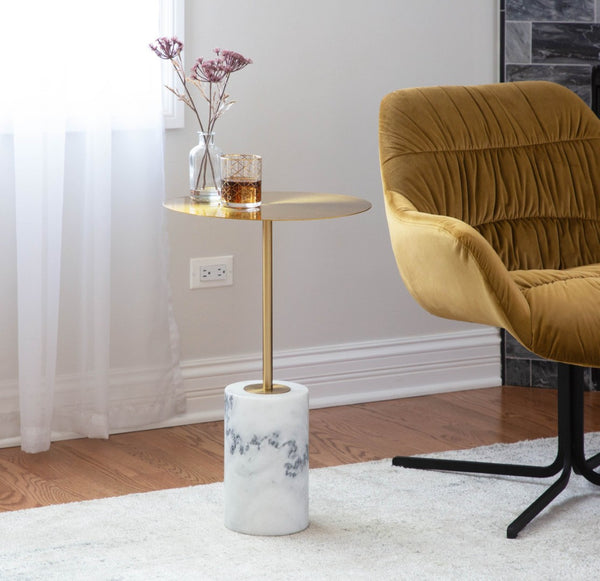 English Elm Symbol Round Gold Metal Top Side Table with Genuine Marble Base for Living Room B202P223402