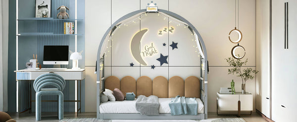 English Elm Twin Pinewood Ground-Level Canopy Bed with Arched Roof and Trundle for Kids—Whimsical, Sturdy Design Gray N820P181648E