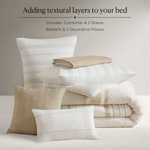 JLA Home Harbor House Blue - 6 Cotton Jacquard Oversized Comforter Set with Hypoallergenic Fill, Ivory Blue Stripes, OEKO‑TEX Certified 96 L x 110 W x 1.5H HH10-1989