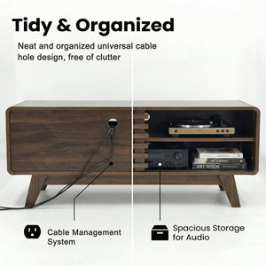 English Elm Tv Stand with Louvered Sliding Doors Tapered Legs Walnut Media Console W3204P465917