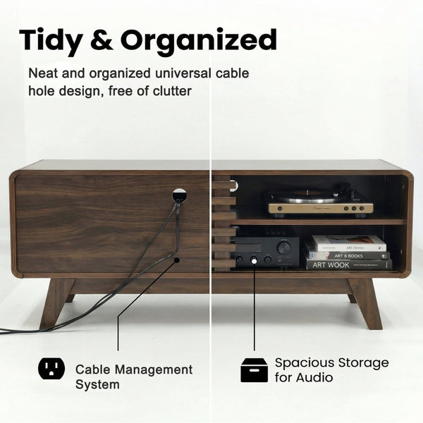 English Elm Tv Stand with Louvered Sliding Doors Tapered Legs Walnut Media Console W3204P465917