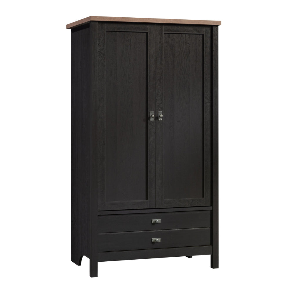 English Elm Armoire, Sleek Black Storage Solution With Adjustable Shelves For Compact Living Spaces & Style B356P402654