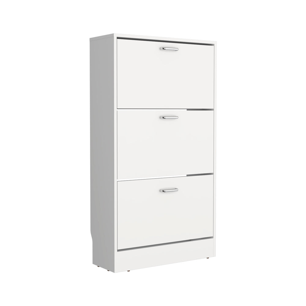 English Elm Inola Modern Pull-Down Shoe Rack — Slim 3-Compartment White Storage for 18 Pairs, Entryway-Friendly B200P361994