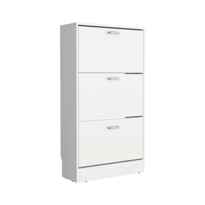 English Elm Inola Modern Pull-Down Shoe Rack — Slim 3-Compartment White Storage for 18 Pairs, Entryway-Friendly B200P361994
