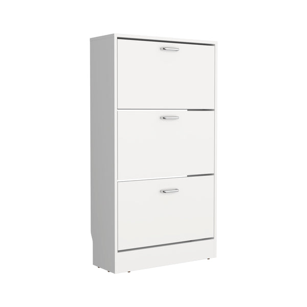 English Elm Inola Modern Pull-Down Shoe Rack — Slim 3-Compartment White Storage for 18 Pairs, Entryway-Friendly B200P361994