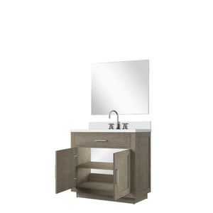 English Elm Grey Oak Single Bath Vanity Set With White Quartz Countertop, 34" Mirror & Chrome Faucet, Assembled B2731S01956