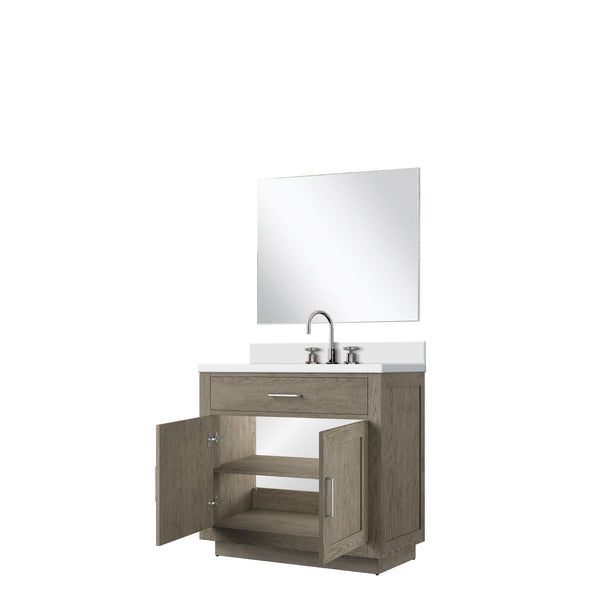 English Elm Grey Oak Single Bath Vanity Set With White Quartz Countertop, 34" Mirror & Chrome Faucet, Assembled B2731S01956