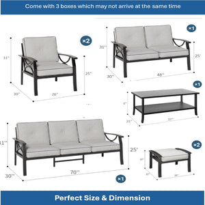 English Elm 7-piece Outdoor Sectional Set Steel Frame 9 Seat Patio Conversation with Cushioned Ottomans Grey+Black B082S00131