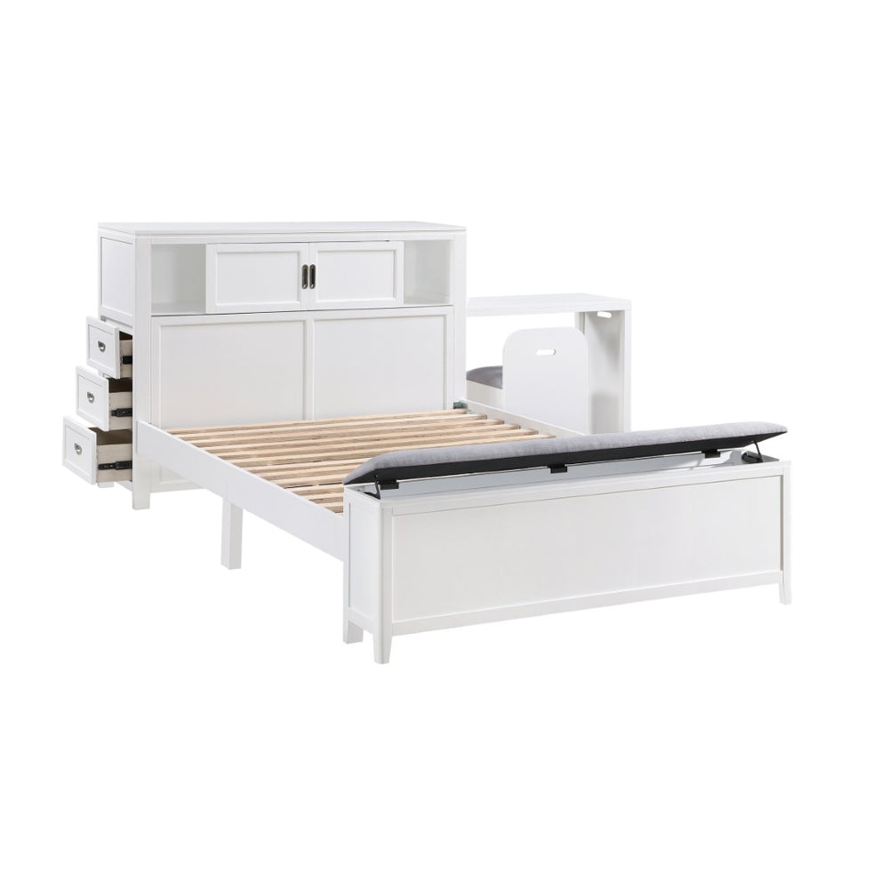 English Elm Gray Full Platform Bed with Bookcase Headboard Fold Out Desk Drawers and Footboard Bench White B011S02326