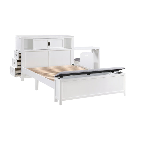 English Elm Gray Full Platform Bed with Bookcase Headboard Fold Out Desk Drawers and Footboard Bench White B011S02326