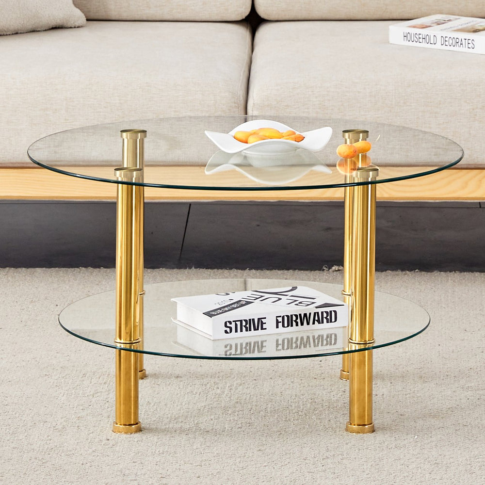 English Elm Contemporary Round Tempered Glass Coffee Table Gold Legs Open Shelf Living Room W1151P234005