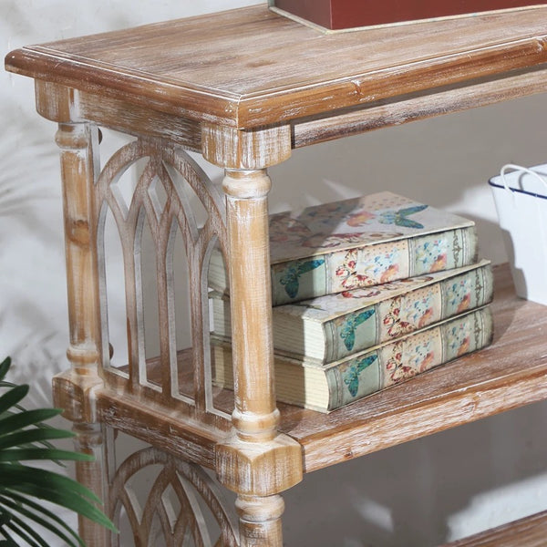 English Elm Rustic 3-Tier Console Table with Gothic Arched Cutouts, 47.24" Antique Natural Wood Entryway Shelf W2295P365031