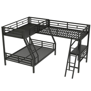English Elm Twin Triple Bunk Bed with Loft, Desk & Shelf — Metal Black L-Shaped Sleep/Study Space, No Box SpringNeeded SM000606AAB