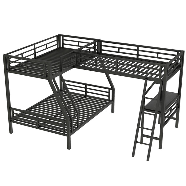 English Elm Twin Triple Bunk Bed with Loft, Desk & Shelf — Metal Black L-Shaped Sleep/Study Space, No Box SpringNeeded SM000606AAB