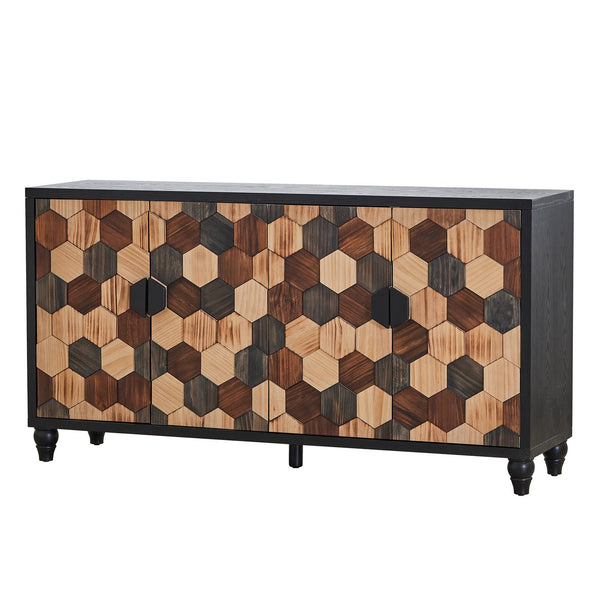 English Elm Distressed Honeycomb Storage Cabinet with Wood Knobs, Mid-Century Modern Sideboard Buffet in Black Brown W3040P382292