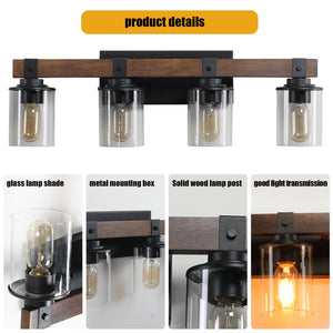 English Elm 27" Rustic 4-Light Vanity Light with Clear Glass Shades and Wood Accent, Industrial Farmhouse Glow W2312P374783