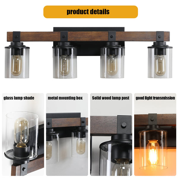 English Elm 27" Rustic 4-Light Vanity Light with Clear Glass Shades and Wood Accent, Industrial Farmhouse Glow W2312P374783