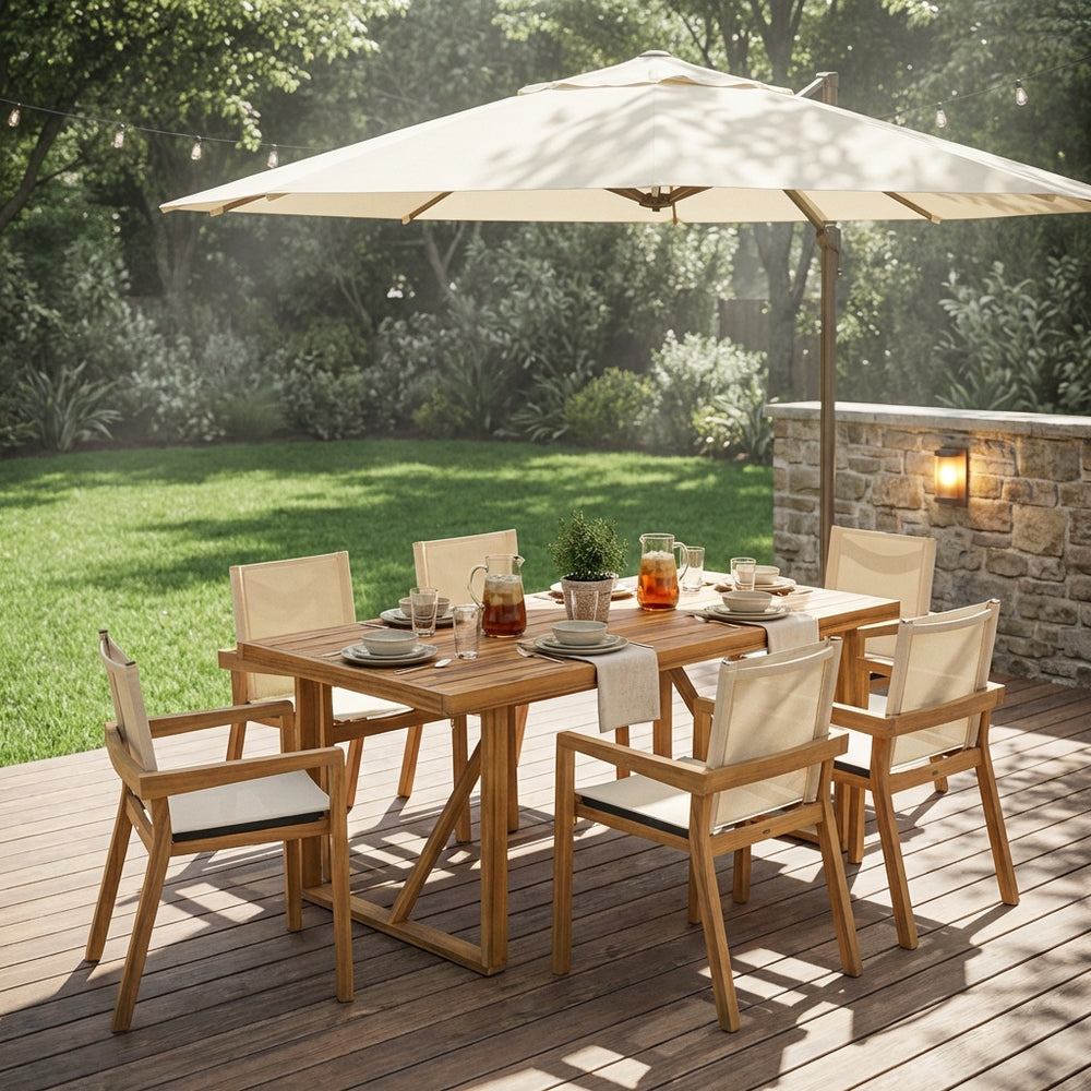 English Elm 7 Piece Solid Acacia Wood Outdoor Dining Set with Mesh Chairs Teak Finish Patio N762S000004AAA