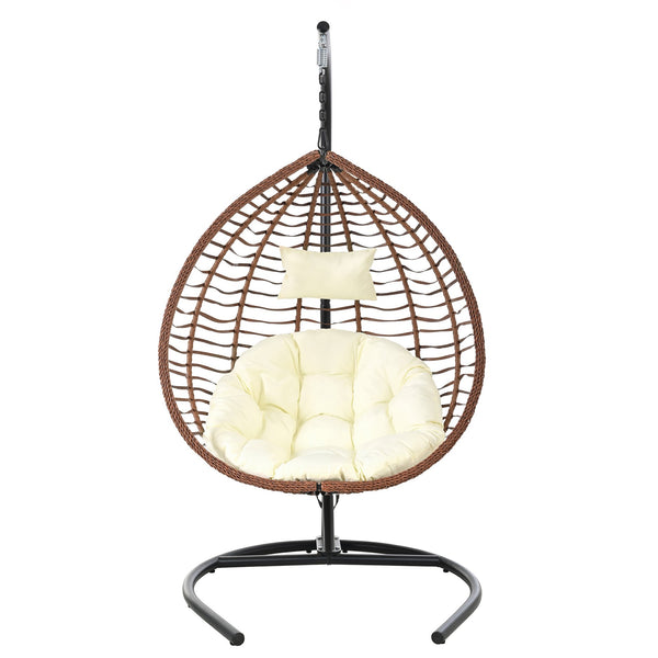 English Elm U_style Wicker Hanging Egg Chair with Stand Foldable Indoor Outdoor Swing Seat Brown+Beige N711P389502K