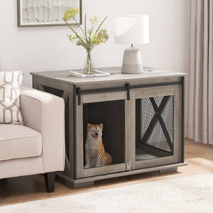 English Elm Farmhouse Dog Cage Crate Furniture with Sliding Barn Door, Secure Metal Latch, Flip-Up Top Access and Removable Divider for Small to Large Dogs (40.94x30.51x6.69) Gray Wash W2275P164727