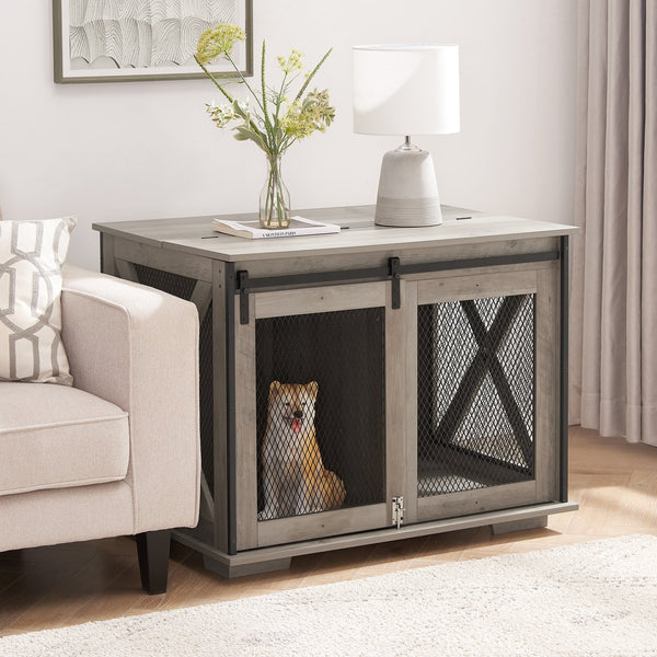 English Elm Farmhouse Dog Cage Crate Furniture with Sliding Barn Door, Secure Metal Latch, Flip-Up Top Access and Removable Divider for Small to Large Dogs (40.94x30.51x6.69) Gray Wash W2275P164727