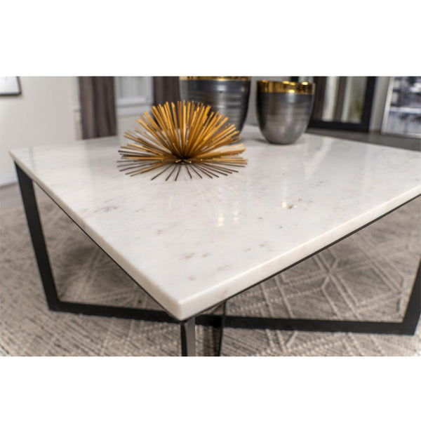 English Elm Square Marble Top Coffee Table with Black Crisscross Metal Frame, White & Gray Marble Accent Top魅 B016P370664