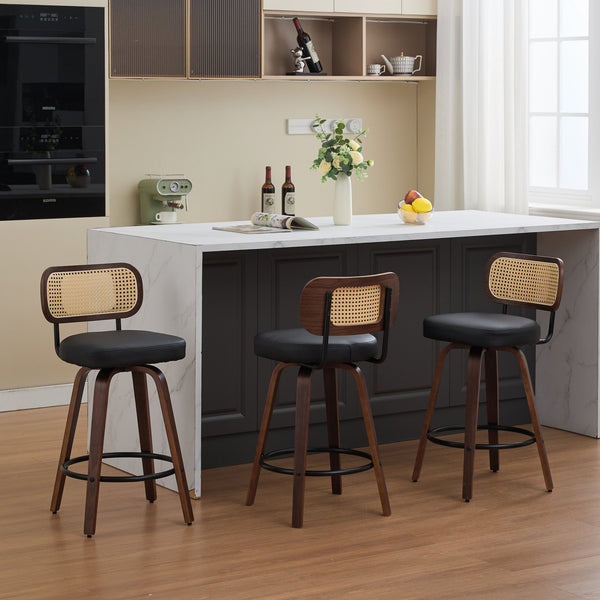 English Elm Set of 3 Swivel Counter Stools with Cane Back and Upholstered PU Seat, Walnut Wood, Ergonomic Comfort Black W1143P300159