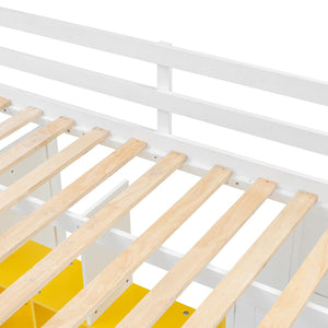 English Elm Twin Loft Bed with Wardrobe Shelves and Cabinet Kids Bedroom Wood Storage Frame Yellow+White N708S00024K
