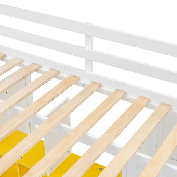 English Elm Twin Loft Bed with Wardrobe Shelves and Cabinet Kids Bedroom Wood Storage Frame Yellow+White N708S00024K